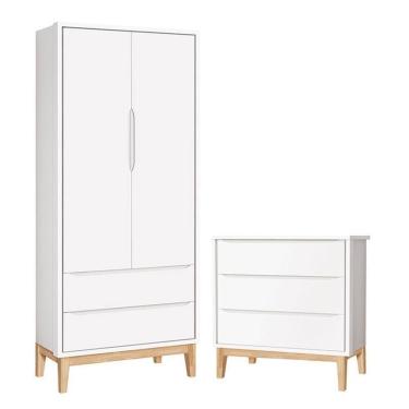 Imagem de Cômoda Gaveteiro E Guarda Roupa Infantil 2 Portas New Classic Branco Com Pés Madeira Natural ? Reller