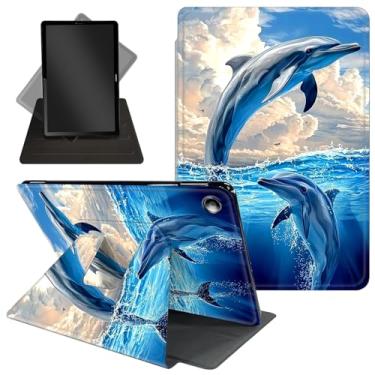Imagem de Capa para tablet Amazon Kindle Fire HD 10 e Fire HD 10 Plus (11ª geração, versão 2021) 10,1 polegadas com suporte giratório de 360 graus, função de despertar/dormir, dois golfinhos fofos