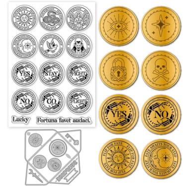 Imagem de GLOBLELAND Destiny Coin Carimbos transparentes e cortes de metal Moeda Fate Moeda Transparente Lua Sol Corte Dies para fazer cartões, gravação em relevo, scrapbooking