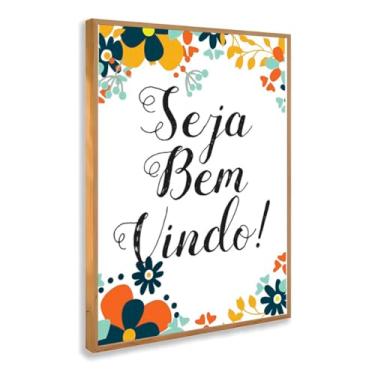 Imagem de Quadro Decorativo Seja Bem-Vindo Com Moldura Frase de Boas-Vindas Floral Colorido Acolhedor Entrada Criativo Estampa Alegre Convidativo