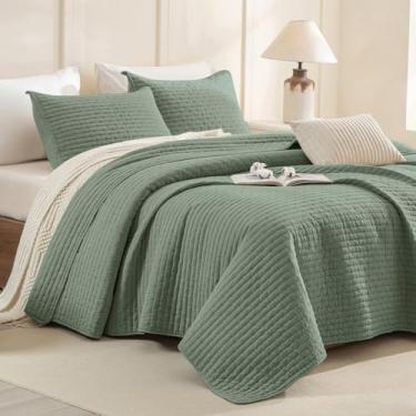 Imagem de CozyTide Colcha King Size (280 cm x 248 cm), 100% algodão lavado em pedra, leve King Colcha 3 peças (1 colcha verde oliva e 2 fronhas) Conjunto de cama King para todas as estações