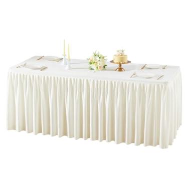 Imagem de Roupa de mesa de poliéster branco creme para mesas retangulares de 2,3 m, sem rugas, com saia de mesa plissada com babados para festa de aniversário, casamento, feira, evento