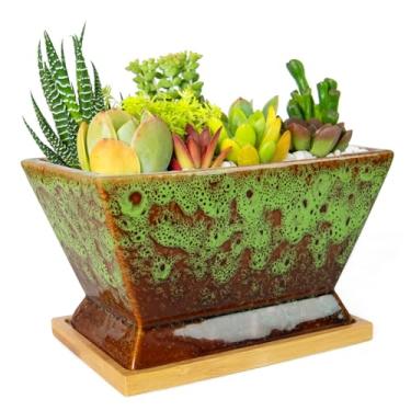 Imagem de ARTKETTY Vasos de suculentas – Vaso grande de 17 cm com bandeja de drenagem, vasos de cerâmica rasos para plantas de interior, cacto moderno, bonsai, recipiente decorativo para casa, escritório