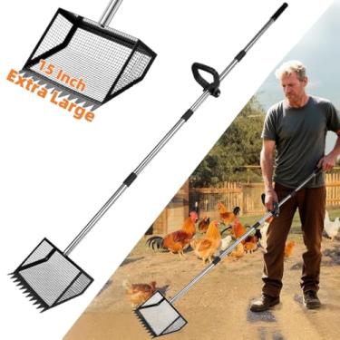 Imagem de Colher grande para cocô de galinha de 38 cm, colher grande de metal 2 em 1 para cocô, excrementos de galinha com cabo longo de 157,5 cm, ancinho para galinheiro, colher de areia