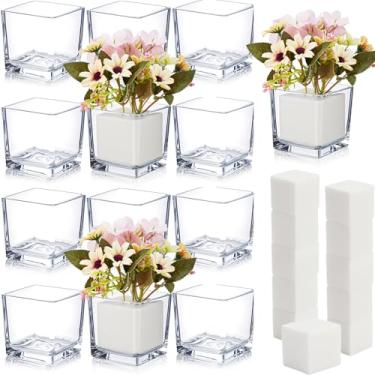 Imagem de Yerliker Pacote com 12 vasos de vidro quadrados a granel 7,6 cm x 7,6 cm x 7,6 cm Vaso de flor transparente com blocos de espuma floral adequado para centros de mesa de casamento, castiçal, vários