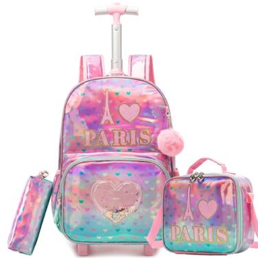 Imagem de ZBAOGTW Mochila de rodinhas para crianças com rodas, mochilas de viagem para crianças, 3 peças, mochila para meninas e meninos com lancheira, "Love", rosa