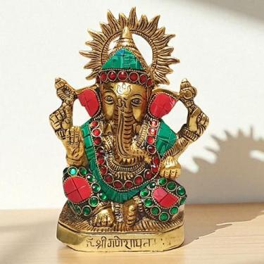 Imagem de Estátua decorativa de metal Ganesha com trabalho de pedra colorida – Ídolo de Lord Ganesh de 19 cm para templo doméstico, escritório e decoração espiritual – Murti tradicional feito à mão para