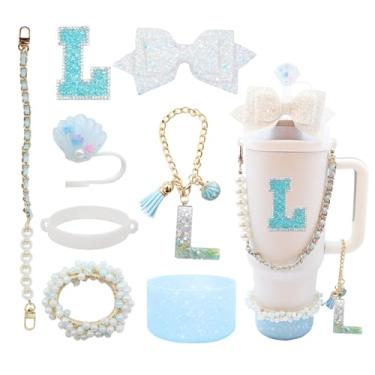 Imagem de Conjunto de 8 peças de acessórios para copo Stanley de 30 e 1,5 l com alça, incluindo topo de palha, bota, alça de alça de garrafa de água, decoração de arco de palha, pulseiras, pingente de letra