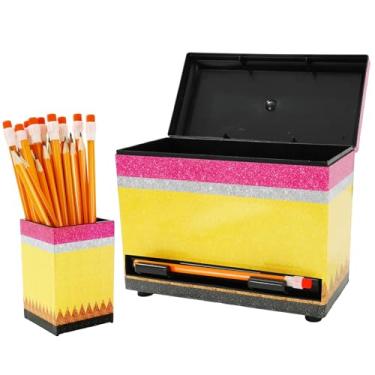 Imagem de JarThenaAMCS Dispensador de lápis para sala de aula, suporte de lápis rosa amarelo com tampa, recipiente de armazenamento para professores, estudantes, materiais de organização de mesa
