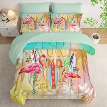 Imagem de AILONEN Jogo de edredom casal, com 7 peças, pranchas de surfe, coqueiro tropical, para crianças, meninas, edredom e lençol com elástico, lençol de cima e 2 fronhas, microfibra macia