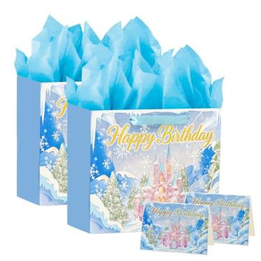 Imagem de PrintGuru Bolsa grande de presente de feliz aniversário de 33 cm com papel de seda, cartão de felicitações e alças de fita para aniversário, bolsa de presente Frozen, 33 cm L x 26 cm A x 12 cm P