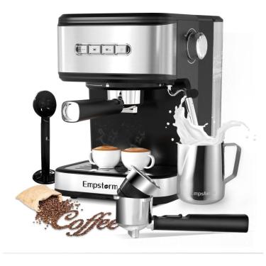 Imagem de Máquina de Café Expresso 20 Bar para Cápsulas ou Café Moído, com sistema de vaporização de Leite, 110V 850W, Empstorm, Preta