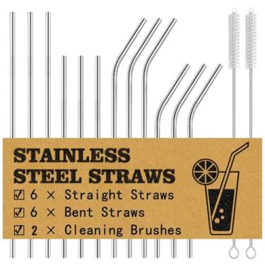 Imagem de Pacote com 12 canudos de aço inoxidável reutilizáveis - reutilizáveis, ecológicos - canudo de metal sem BPA - adequado para copos de 850 g e 590 ml, 6 conjuntos de canudos retos e 6 curvos, incluindo
