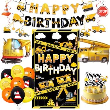 Imagem de Crenics Decorações de aniversário de construção - pano de fundo de feliz aniversário, faixa, balões de redemoinhos pendurados e topo de bolo para materiais de festa com tema de construção