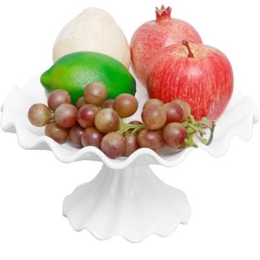 Imagem de Suporte de bolo branco, suporte redondo reutilizável para bolos de cerâmica, design de acabamento de babados, suporte de prato de bolo com base ampla para casamento, chá de bebê, festa de aniversário