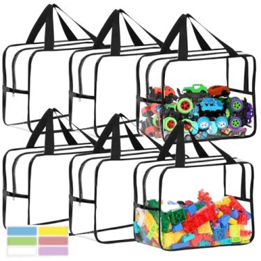 Imagem de Pacote com 6 sacos de armazenamento de brinquedos extragrandes 30 x 24 x 17 cm com etiquetas, armazenamento de jogos de tabuleiro de PVC transparente reutilizável, bolsas organizadoras de viagem à