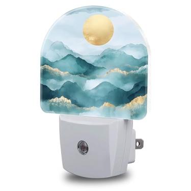 Imagem de FOISIIAEA Luzes noturnas conectadas à parede, montanhas abstratas e sol, luz noturna, crepúsculo ao amanhecer, lâmpada de LED redonda decorativa para quarto, cozinha, corredor, luz noturna para