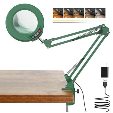 Imagem de Lupa de 10 x com luz e grampo, lupa iluminada com suporte de vidro real, 5 modos de cores, lâmpada de mesa de LED regulável contínua, mãos livres para artesanato, passatempo, leitura, pintura, costura