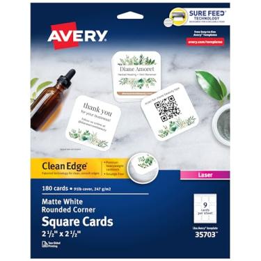 Imagem de Avery Cartões quadrados para impressão Clean Edge com tecnologia Sure Feed, cantos arredondados, 6,35 cm x 6,35 cm, branco, 180 cartões em branco para impressoras a laser (35703)