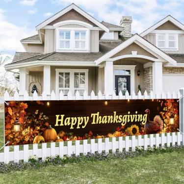 Imagem de BlissYard Faixa Happy Thanksgiving 395 x 50 cm, peru, abóbora, girassol, folhas de outono, pano de fundo de madeira rústica, outono, colheita, quintal, cerca para decoração de parede para exibição de