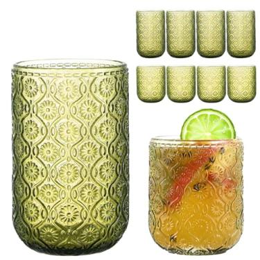 Imagem de FERAHI Conjunto de 8 copos de bebida verdes, copos Highball de 350 ml e copos de coquetel de 290 ml, conjunto de copos vintage de cozinha verde, copos de vidro em relevo floral para água, cerveja