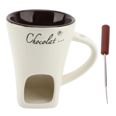 Imagem de WGFOIP Caneca de derretimento de chocolate, aquecedor de manteiga de fondue de cerâmica com garfo de aço inoxidável para derreter queijo chocolate sobremesa mergulhar (branco)