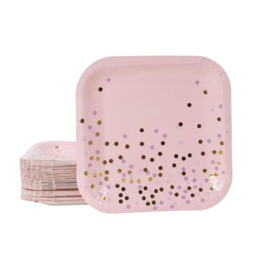 Imagem de Geeklife Pacote com 50 pratos de papel com bolinhas douradas rosa, pratos de sobremesa quadrados descartáveis de 23 cm para festa, aniversário, casamento, aniversário, recepção de Natal