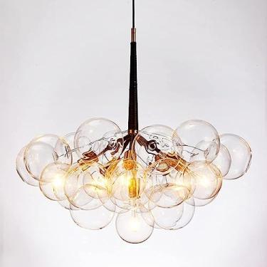 Imagem de Lustre moderno de vidro transparente de meados do século, luminária pendente LED para sala de jantar, sala de estar, quarto, luminária de teto globo em preto, dourado, branco e cromado