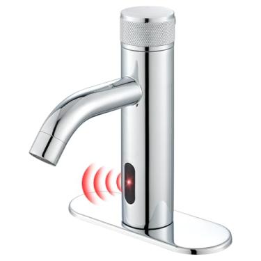 Imagem de Derpras Torneira de banheiro sem toque com função de sensor automático, torneira de pia de banheiro com placa de cobertura de orifício, ajuste de temperatura de bancada, cromada