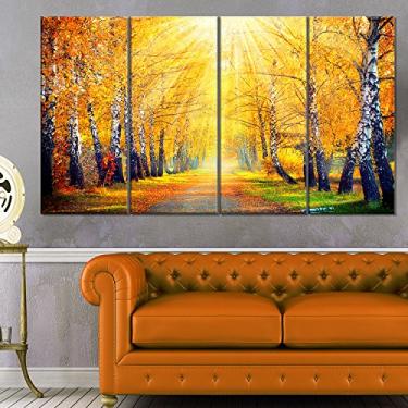 Imagem de Designart MT14259-271 Árvores amarelas de outono em raio de sol - Grande arte de parede de metal brilhante, amarelo, 122 x 71