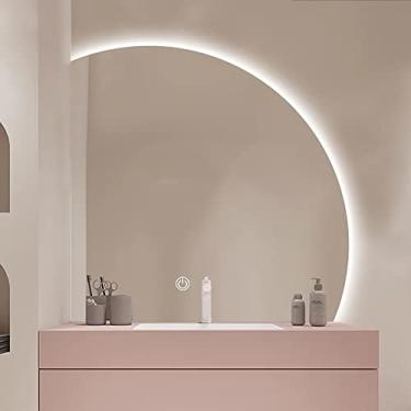 Imagem de Espelho de parede para casa de banho, espelho LED para casa de banho, espelho de toucador montado na parede de meia lua, espelho de quarto à prova de explosão, espelho LED inteligente moderno