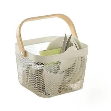Imagem de Cesto Fruteira Organizador de Utensílios Decorativo Caixa Organizadora Bambu e Inox 20x20/40x24cm(BRANCO PEQUENO)