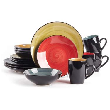 Imagem de Aparelho de Jantar de 16 Peças Stoneware Sonoma, Lavagem Especial em Preto com Pontos, Cores Misturadas Azul, Verde, Vermelho