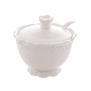 Imagem de Açucareiro C/Colher Durable Porcelain em Alto Relevo Branco 9,5x10,5cm Wolff
