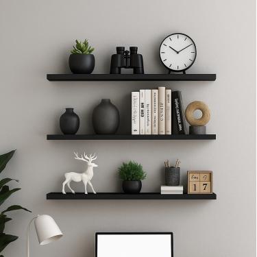 Imagem de Prateleira Madeira Flutuante Multiuso Kit 3 91x20 Luara Preto L06 - D'Rossi