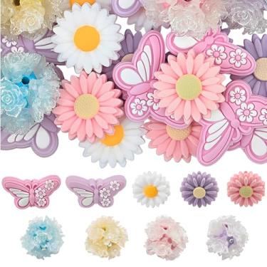 Imagem de SOFPLATE 29 peças, 9 estilos, borboleta, contas focais, canetas, contas de silicone, colorido, opaco, inseto, margarida, flor, resina estética, espaçadores lisos e soltos para chaveiros, canetas