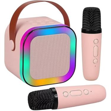 Imagem de Karaokê Infantil Portátil Bluetooth com 2 Microfones Sem Fio e Luz LED RGB – Som Potente 6W, Bateria Recarregável e Design Moderno Rosa | Diversão Garantida para Crianças e Família!