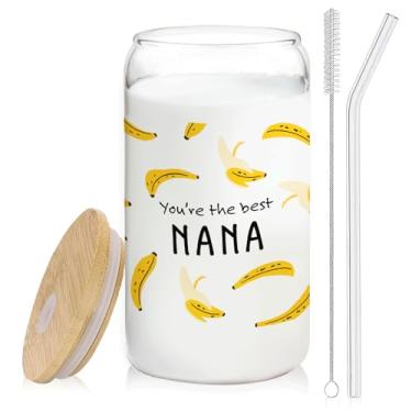 Imagem de BEHIFL Copo de vidro You're The Best Nana Banana, Best Grandma Nana Gifts Copo de café de vidro com tampas e canudos, 400 ml, presentes de aniversário e Natal para avó