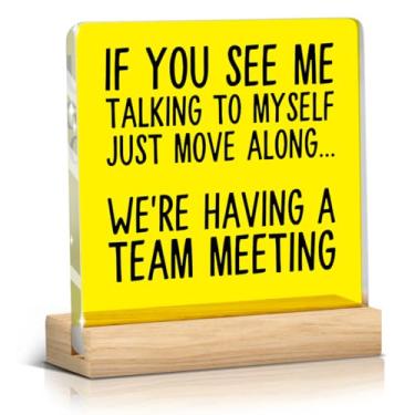 Imagem de Decoração engraçada de cubículo de placa de acrílico para escritório, If You See Me Talking To Myself We're Having a Team Meeting, presentes de mordaça de escritório de equipe para colega de trabalho