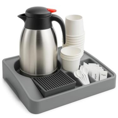 Imagem de Bandeja Organizadora De Bancada 1 Garrafa Café Empresa Servire Bandeja para Café e Chá - Porta Copos, Sachês e Colheres – Escritório, Hotel e Sala de Reunião – Plástico PP Cinza Resistente