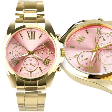 Imagem de Relogio Feminino Aço Prova Dagua Qualidade Premium Dourado Rosa Casual Social Presente Resistente