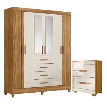 Imagem de Guarda Roupa Solteiro Aruba Com Espelho E Cômoda Dhara Freijó Off White - Moval