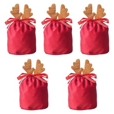 Imagem de Baoblaze 5 Sacolas de Presente de Natal com Cordão, Sacos para Presentes do Papai Noel, Lembrancinhas de Festa, Brinquedos para Doces e Presentes de Natal, Saco Vermelho, Brown Antlers L