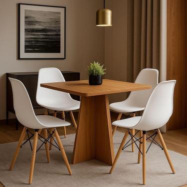 Imagem de Conjunto Mesa De Jantar 90cm Quadrada Em Madeira+4 Cadeiras Eames Brancas Pés De Madeira