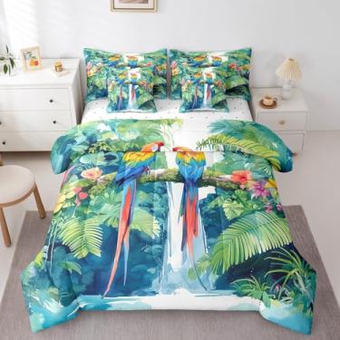 Imagem de jejeloiu Conjunto de edredom Queen com estampa floral de papagaio, 7 peças, para meninos e meninas, ramo de árvore, pássaros, palmeiras, folhas de palmeira, natureza, decoração de quarto