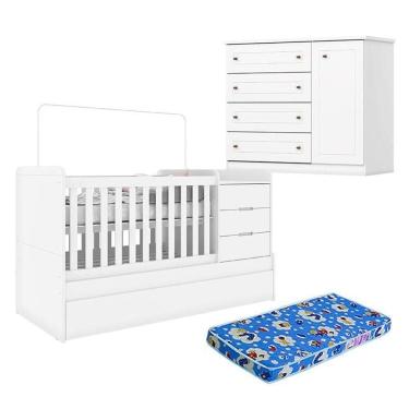 Imagem de Berço Multifuncional Cleo E Cômoda Infantil Americano Branco Fosco Com Colchão Ortobom - Henn