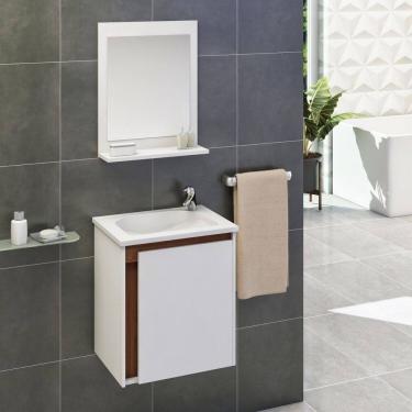 Imagem de Kit Gabinete de Banheiro com Espelheira 40cm Apollo Branco/Freijó