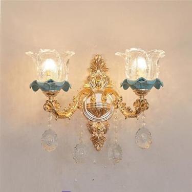 Imagem de Luminária de parede de cristal de luxo europeia, moderna, com LED, para decoração de sala de estar, quarto, escritório, quarto modelo, hotel, casa de campo, corredor (G 2 lâmpadas, 1 unidade