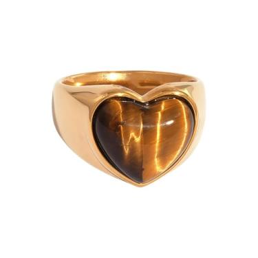 Imagem de Kokoma Anel de pedra de olho de tigre para mulheres geométrico amor coração anel de aço inoxidável anéis grossos anéis de compromisso noivado casamento joias, Adjustable, Aço inoxidável, Sem pedra