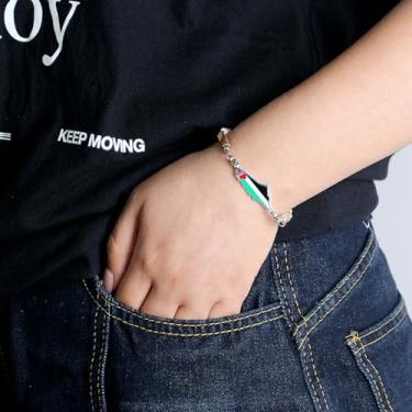 Imagem de Pulseira retangular de contas da Palestina com mapa de bandeira e design da amizade - joia esmaltada ajustável para uso diário YA6030, One Size, Aço inoxidável, Sem Pedra Preciosa